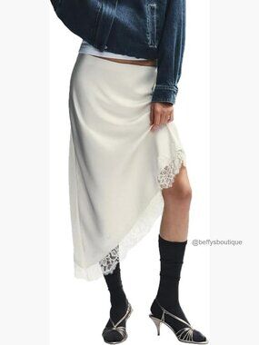 Satin Lace Trim Midi Skirt Elastic Waist Asymmetric Hem Slip
